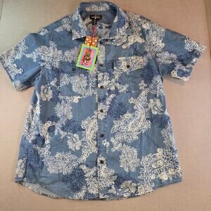 Houston White Floral Button Up Shirt L NWT Blue White Short Sleeve Casual